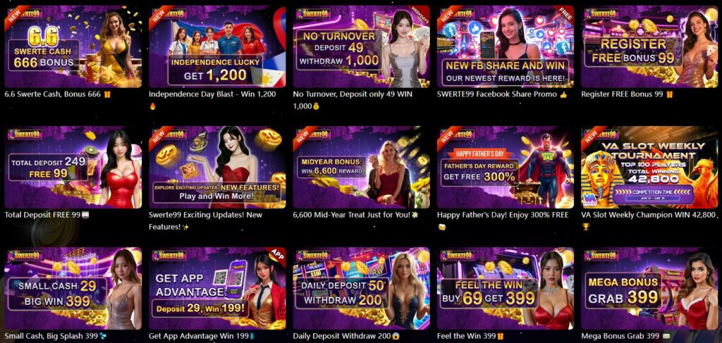 SWERTE99 luxury purple casino hero banner with golden coins and premium gaming atmosphere