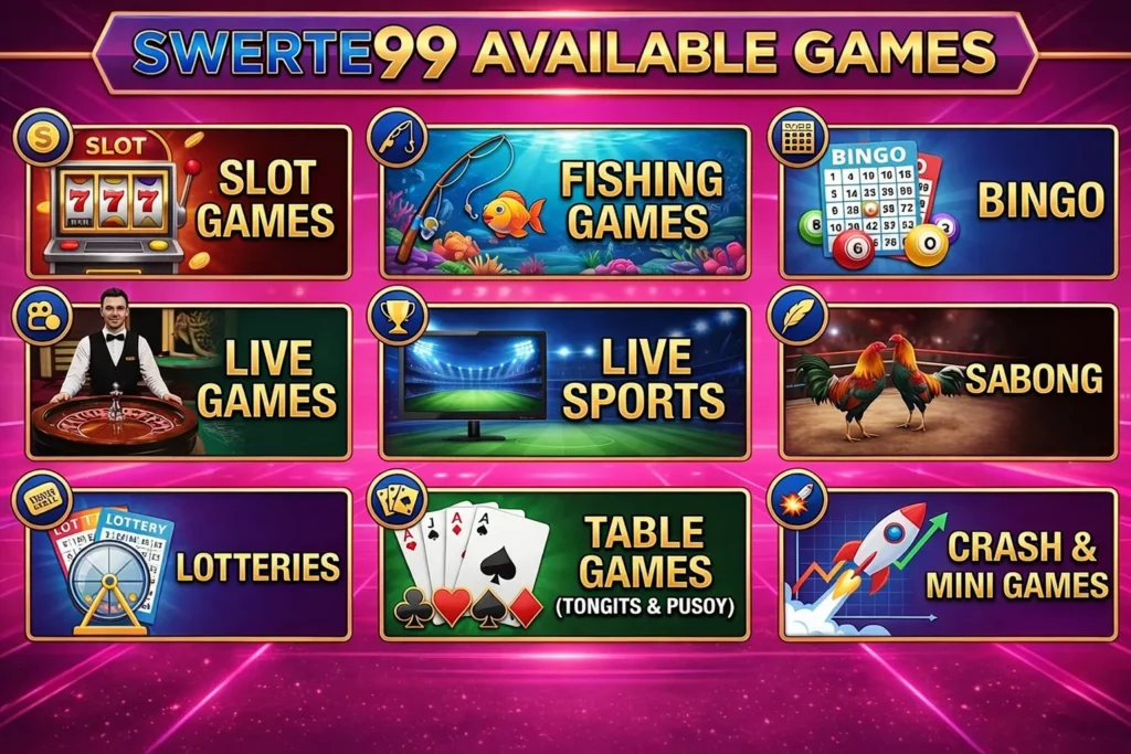 SWERTE99 slot games and free spins themed image with luxury purple and gold casino presentation